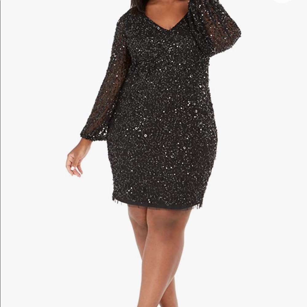 Adrianna Papelle Black Sequins Beaded Mini Cocktail Dress - Size 14